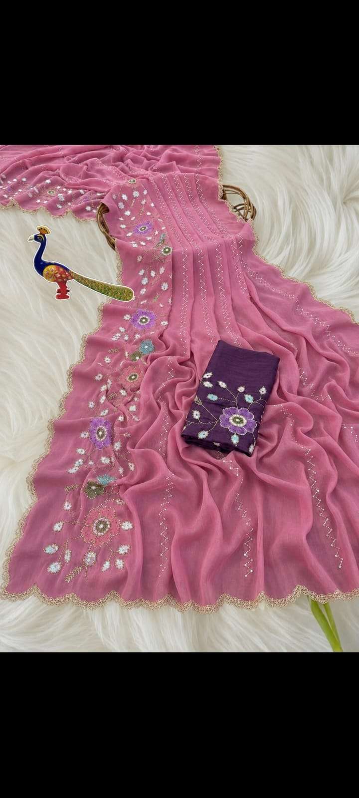 purple colour Pure and Soft Star Georgette Saree With Floral Embroidery Work on saree wholesale in surat
